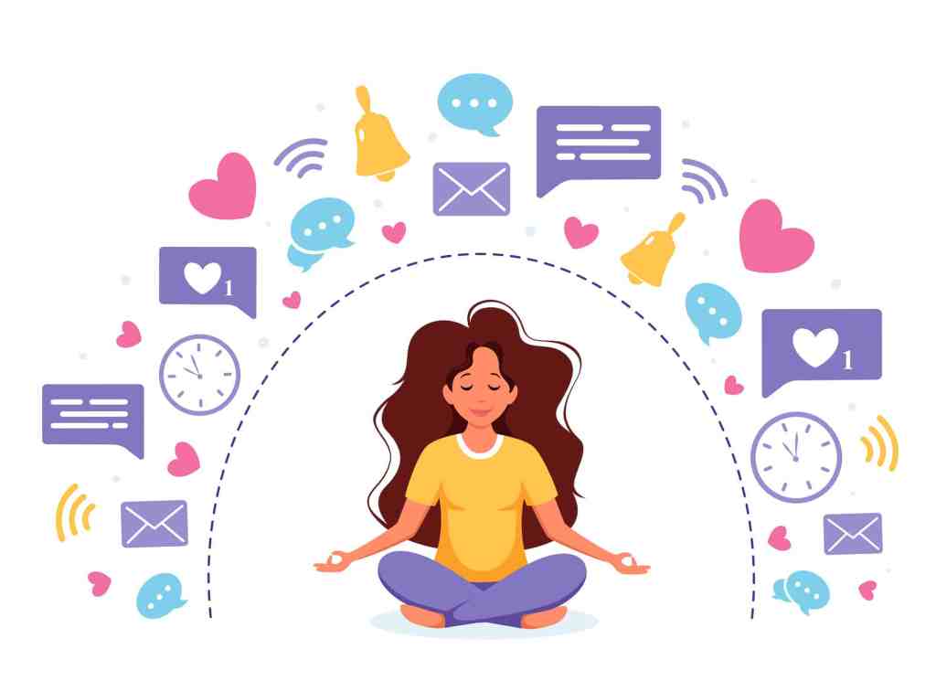 Digital wellness illustration of woman in lotus position meditating surrounded by notifications